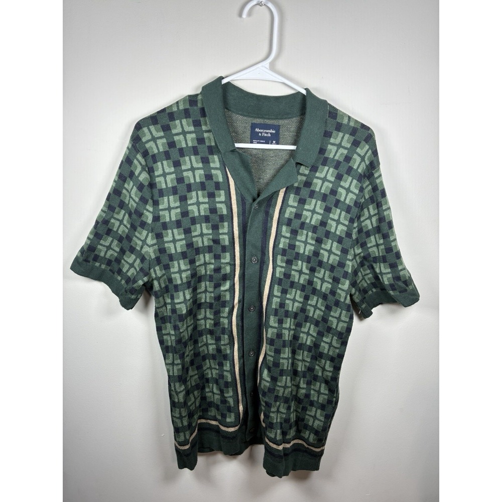#J195 Abercrombie & Fitch Men's Stitch Button-Sweater Polo Green Patterned  Med